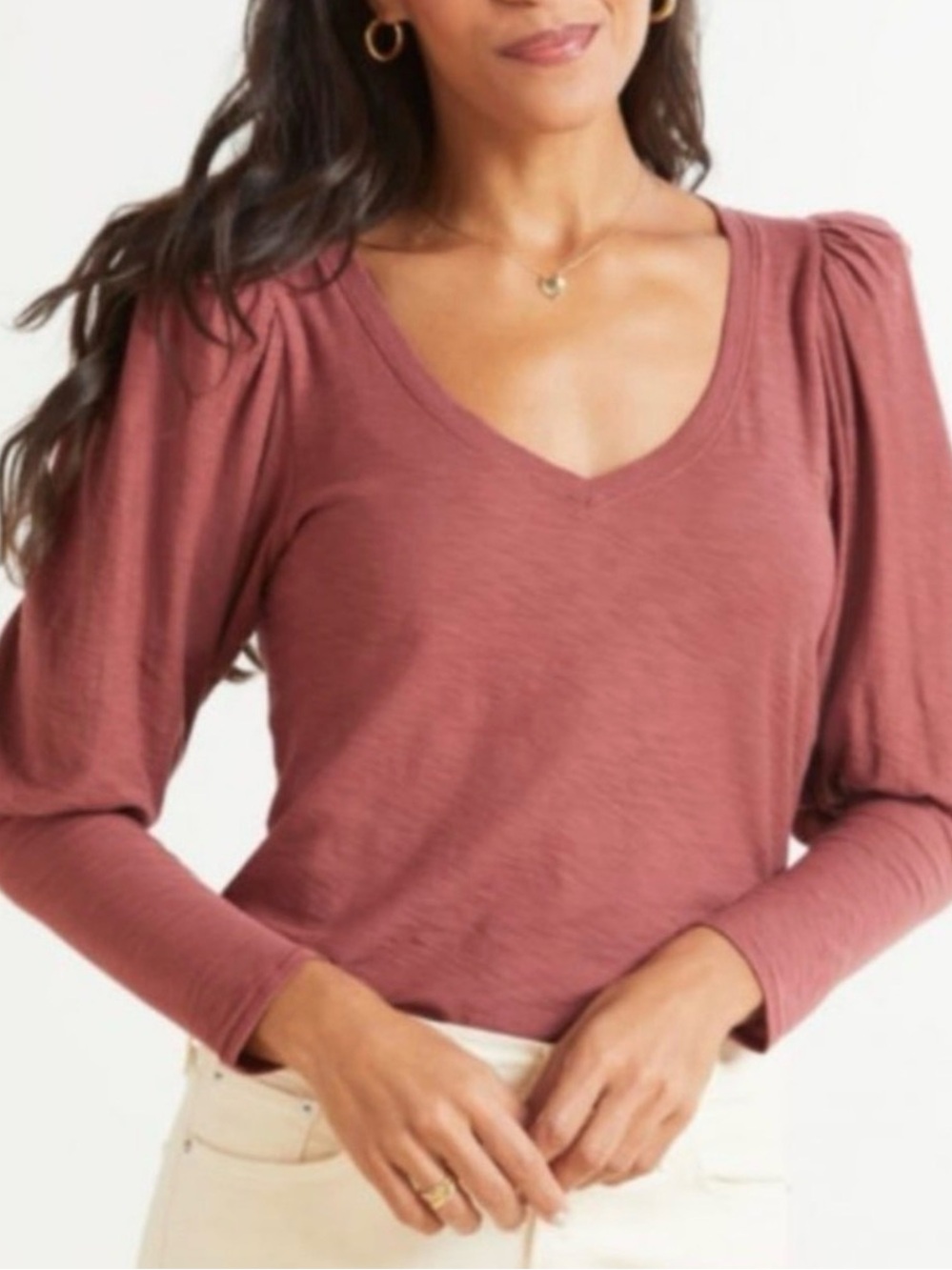 Nation V-Neck Puff Sleeve Top in Dusty Rose